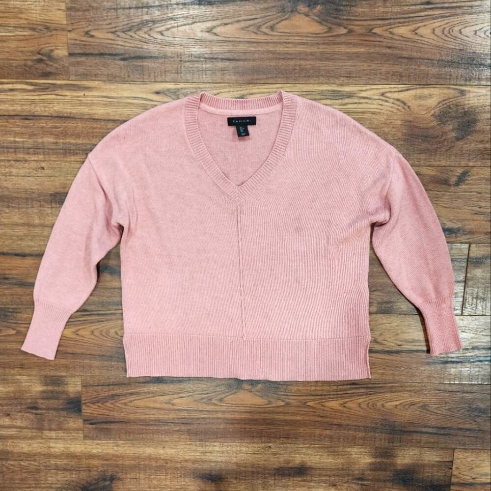 Tahari Women's V-Neck Solid Pink Long Sleeve Pullover Casual Sweater Large L